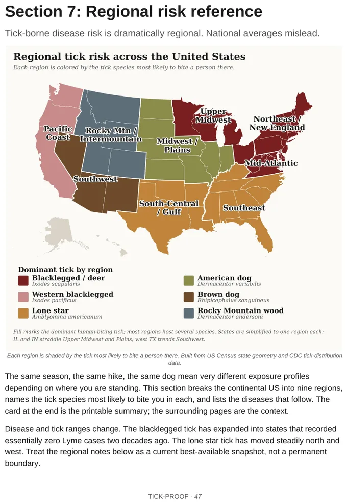 A page from the guide: regional tick risk map of the United States.